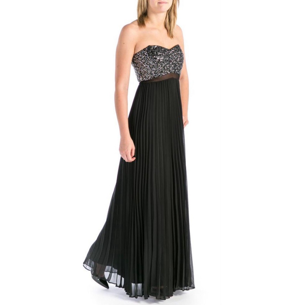 AQUA Black Chiffon Sequins Strapless Sweetheart Formal Gown - Picture 2 of 9
